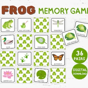May include: A Frog Memory Game featuring 36 pairs of cards with illustrations of frogs, dragonflies, butterflies, ducks, water lilies, and frog life cycle stages. The cards include text labels like Frog, Bug Catching, Frog Eggs, and Frog Resting.