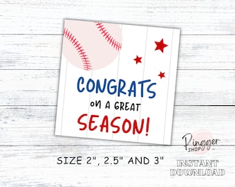 Congrats On a Great Season Tags, Baseball Congratulation Gift Tags, Baseball Graduation Thank You Tags Printable, Graduation Favors Tags
