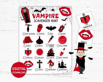 Vampire Scavenger Hunt Game Printable, Halloween Scavenger Hunt, Halloween Activities, Vampire Birthday Theme Party Favors, Halloween Games