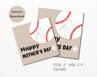 Baseball Favor Tag Square  2" & 2.5", Mother's Day Gift Tags Printable, Baseball Cupcake Toppers, Sport Cupcake Toppers