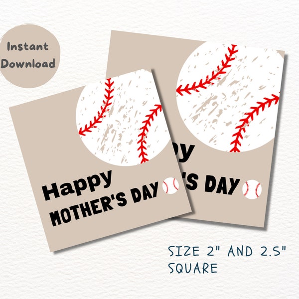 Baseball Favor Tag Square  2" & 2.5", Mother's Day Gift Tags Printable, Baseball Cupcake Toppers, Sport Cupcake Toppers