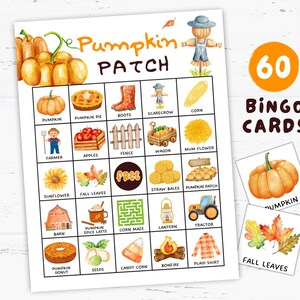 May include: A watercolor-style bingo game sheet with a fall theme. The sheet features illustrations of pumpkins, scarecrows, and other autumn elements. The text "Pumpkin Patch" is at the top, and "60 Bingo Cards" is on the right.
