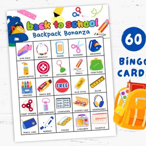 Backpack Bonanza Bingo Printable Game 60 Cards, Fun Back to School Activity for Classroom, Parties, or Homeschool Learning, Party Games