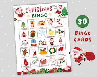 May include: A Christmas Bingo game card with a festive design. The card features a grid with Christmas-themed illustrations and the words "Christmas Bingo." The image also includes a Santa Claus illustration and the text "30 Bingo Cards."