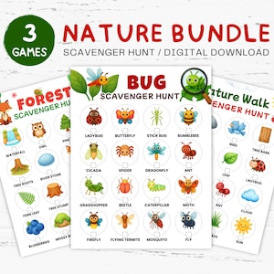May include: A nature-themed bundle of three games: a forest scavenger hunt, a bug scavenger hunt, and a nature walk scavenger hunt. Each game features colorful illustrations of items like insects, plants, and animals. The text "Nature Bundle" is displayed at the top.
