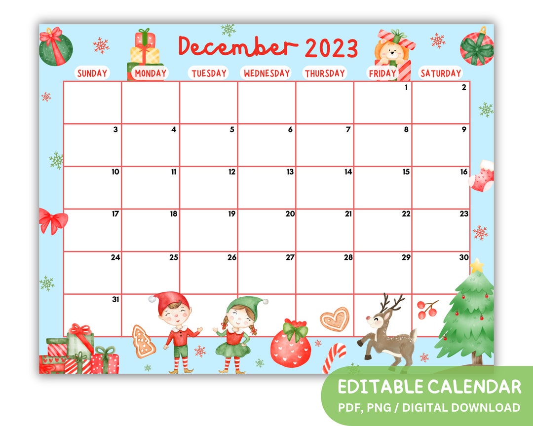 EDITABLE December 2023 Printable Calendar, Blue Elf Calendar Printable