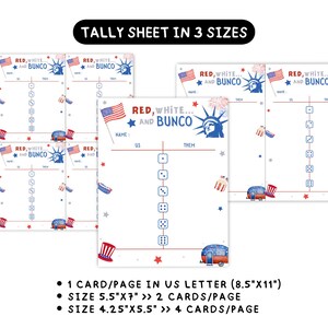 May include: White tally sheets with red, white, and blue patriotic designs. The sheets feature the text "Red, White, and Bunco" and include illustrations of the Statue of Liberty, flags, and dice. Available in three sizes.