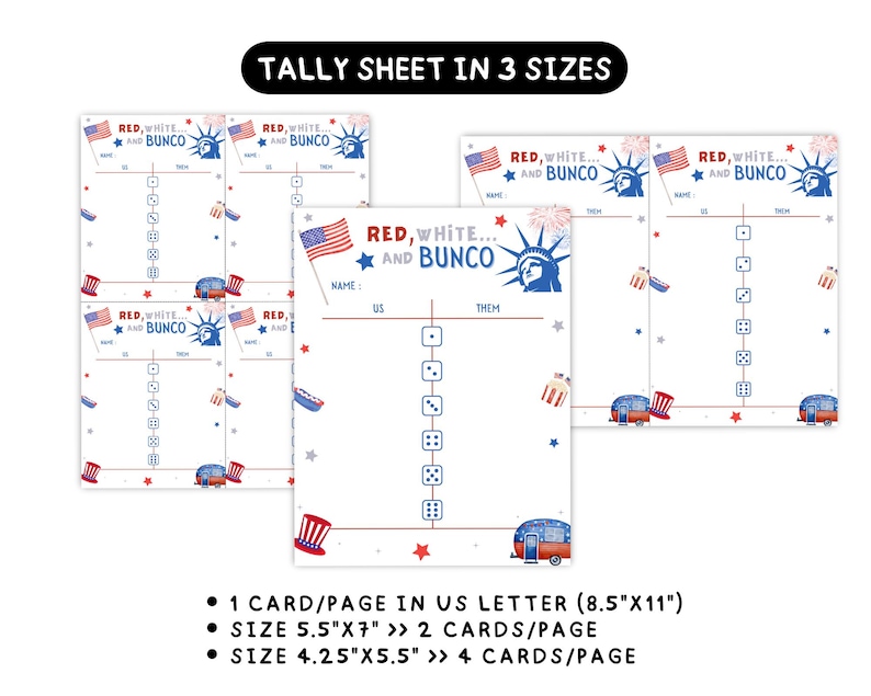 May include: White tally sheets with red, white, and blue patriotic designs. The sheets feature the text "Red, White, and Bunco" and include illustrations of the Statue of Liberty, flags, and dice. Available in three sizes.