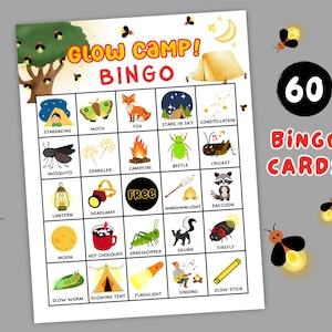 Jeu de bingo Glow Camp imprimable, 60 cartes, activité de nuit de camping, jeux de feu de camp, thème de fête de camp d'été, jeu familial amusant, bingo de camping