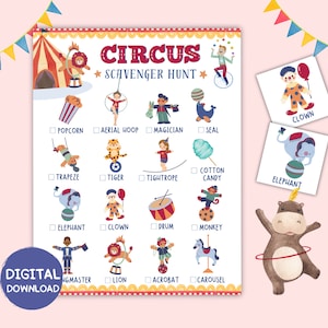 Afdrukbare circusspeurtocht, indoor circusspeurtocht voor kinderen en tieners, verjaardagsspeurtocht, circusspellen, thema carnavalsfeest
