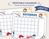 Baseball Undated Calendar Printable, Baseball Monthly Milestone, Baseball Cute Calendar Template, Baseball Planner Printable, Blank Calendar