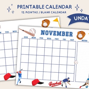 May include: Printable baseball-themed calendar for November. The calendar has a white background with blue lines and a baseball-themed design. The calendar is undated and has a notes section.