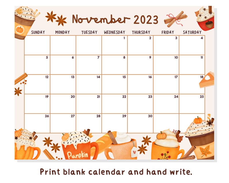 EDITABLE November 2023 Printable Calendar, Coffee Calendar, Fall Autumn ...