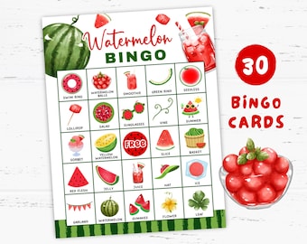 Watermelon Bingo Game 30 Cards, Printable Summer Party Game, Fruit Theme Picnic Activity Sheet, Watermelon Theme Classroom, Kids Games