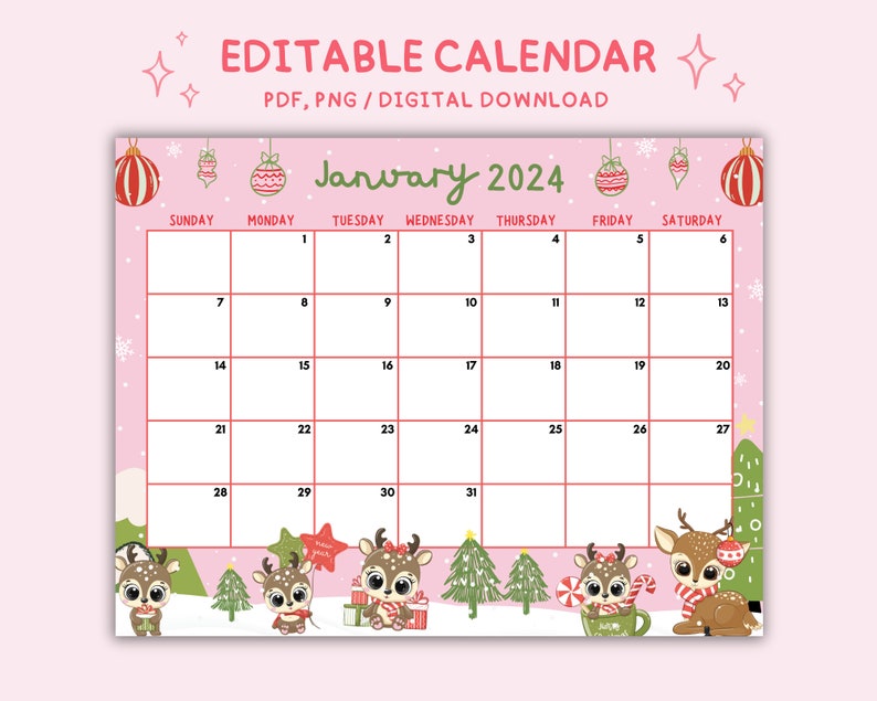 EDITABLE January 2024 Printable Calendar, Reindeer Calendar, Cute Kids