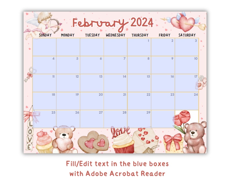 EDITABLE February 2024 Calendar Printable, Teddy Bear Calendar, Red