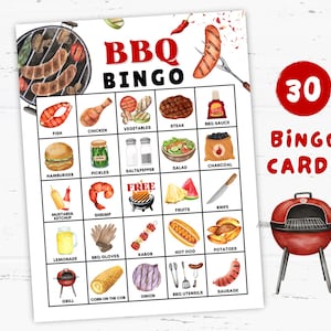 May include: A printable BBQ Bingo game with 30 cards. The game features watercolor illustrations of grilling items like fish, chicken, vegetables, and hamburgers. The title "BBQ Bingo" is in red and black, with a red circle displaying the number "30".