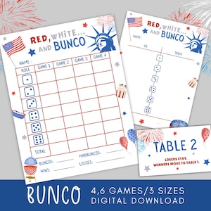 Cartes de pointage Bunco du 4 juillet imprimables, jeu Bunco du 4 juillet, activités du 4 juillet, feuilles de pointage Bunco, thème Bunco Party Favors