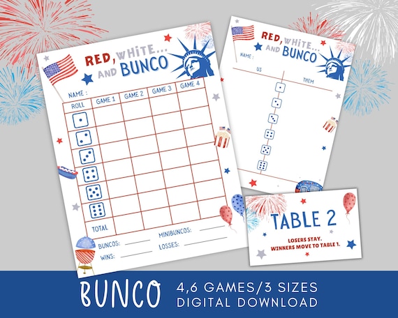 4th of July Bunco Score Cards Printable, Fourth of July Bunco Game, 4th of July Activities, Bunco Tally Sheets, Bunco Party Favors Theme