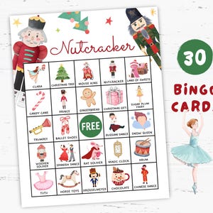 Cartões de jogo de bingo quebra-nozes para impressão, folhas de bingo de Natal, jogos de quebra-nozes, lembrancinhas de festa temática de quebra-nozes, festa de aniversário de quebra-nozes