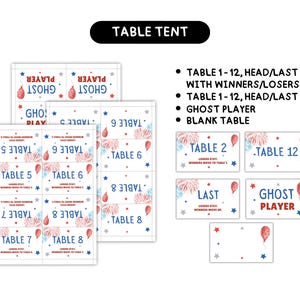 May include: A collection of white table tents with red, white, and blue accents. The tents are labeled with numbers, the words "Ghost Player," and other game-related text. The top banner reads "Table Tent."
