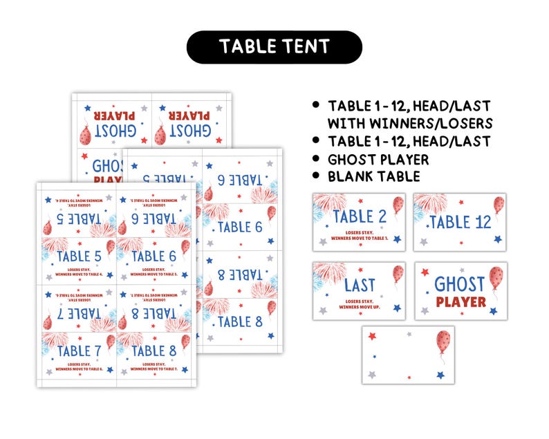 May include: A collection of white table tents with red, white, and blue accents. The tents are labeled with numbers, the words "Ghost Player," and other game-related text. The top banner reads "Table Tent."