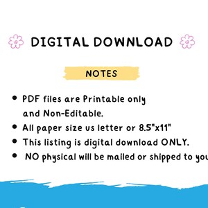 May include: A digital download graphic with the text "DIGITAL DOWNLOAD" and "NOTES". The notes state that PDF files are printable and non-editable, with a paper size of 8.5"x11". The listing is a digital download only, and no physical items will be shipped.