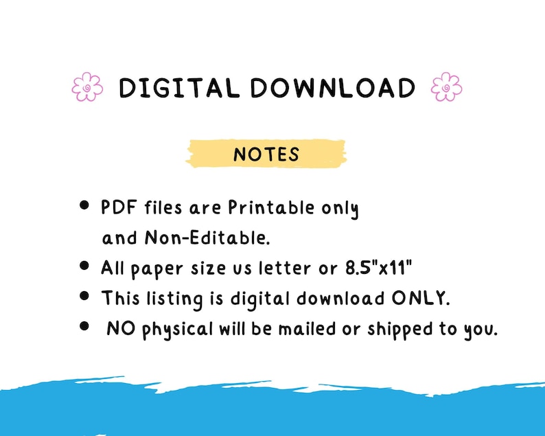 May include: A digital download graphic with the text "DIGITAL DOWNLOAD" and "NOTES". The notes state that PDF files are printable and non-editable, with a paper size of 8.5"x11". The listing is a digital download only, and no physical items will be shipped.