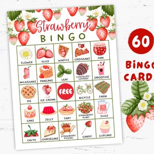 Jeu de bingo aux fraises, 60 cartes à imprimer, jeux aux fraises, activité sur les fraises, accessoires de fête sur le thème des fraises, salle de classe aux fraises