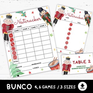 Cartões de pontuação do quebra-nozes de Natal Bunco para impressão, planilhas de contagem, jogos de quebra-nozes, lembrancinhas de festa temáticas de quebra-nozes, festa de aniversário de quebra-nozes