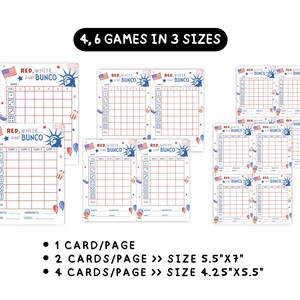 May include: Red, White, and Bunco game cards in various sizes. The cards feature a grid layout with dice icons, American flags, and the Statue of Liberty. The text on the cards reads "Red, White, and Bunco". The image also shows the game cards in 1, 2, and 4 card per page options.