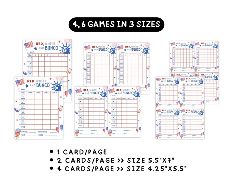 May include: Red, White, and Bunco game cards in various sizes. The cards feature a grid layout with dice icons, American flags, and the Statue of Liberty. The text on the cards reads "Red, White, and Bunco". The image also shows the game cards in 1, 2, and 4 card per page options.