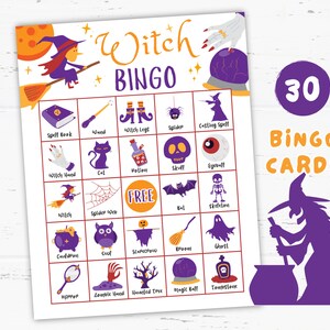 May include: A set of 30 printable Halloween bingo cards featuring a witch theme. The cards have a purple and orange color scheme and include images of a witch, spider web, cauldron, owl, and more.