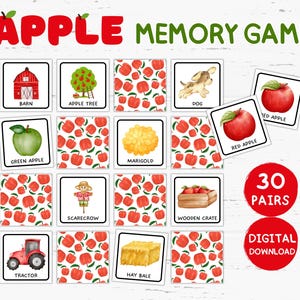 Könnte beinhalten: Ein Memory-Spiel zum Thema Apfel mit 30 Paaren. Das Spiel enthält illustrierte Karten mit Bildern einer Scheune, eines Apfelbaums, eines Hundes, eines roten Apfels, eines grünen Apfels, einer Ringelblume, einer Vogelscheuche, einer Holzkiste, eines Traktors und eines Heuballens.