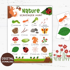 Afdrukbare kaarten natuurspeurtocht, spellen voor natuuractiviteiten, natuurthemaklas, natuurverjaardagsfeestje, spelletjes voor buiten