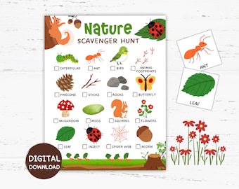 Afdrukbare kaarten natuurspeurtocht, natuuractiviteitenspellen, klaslokaal natuurthema, natuur verjaardagsfeestje, spellen voor buitenfeesten