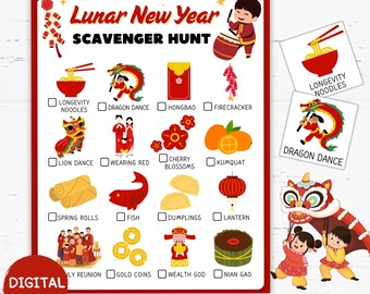 Lunar New Year Scavenger Hunt Cards Printable, Chinese New Year Scavenger Hunt, Lunar New Year Games, Lunar New Year Activities