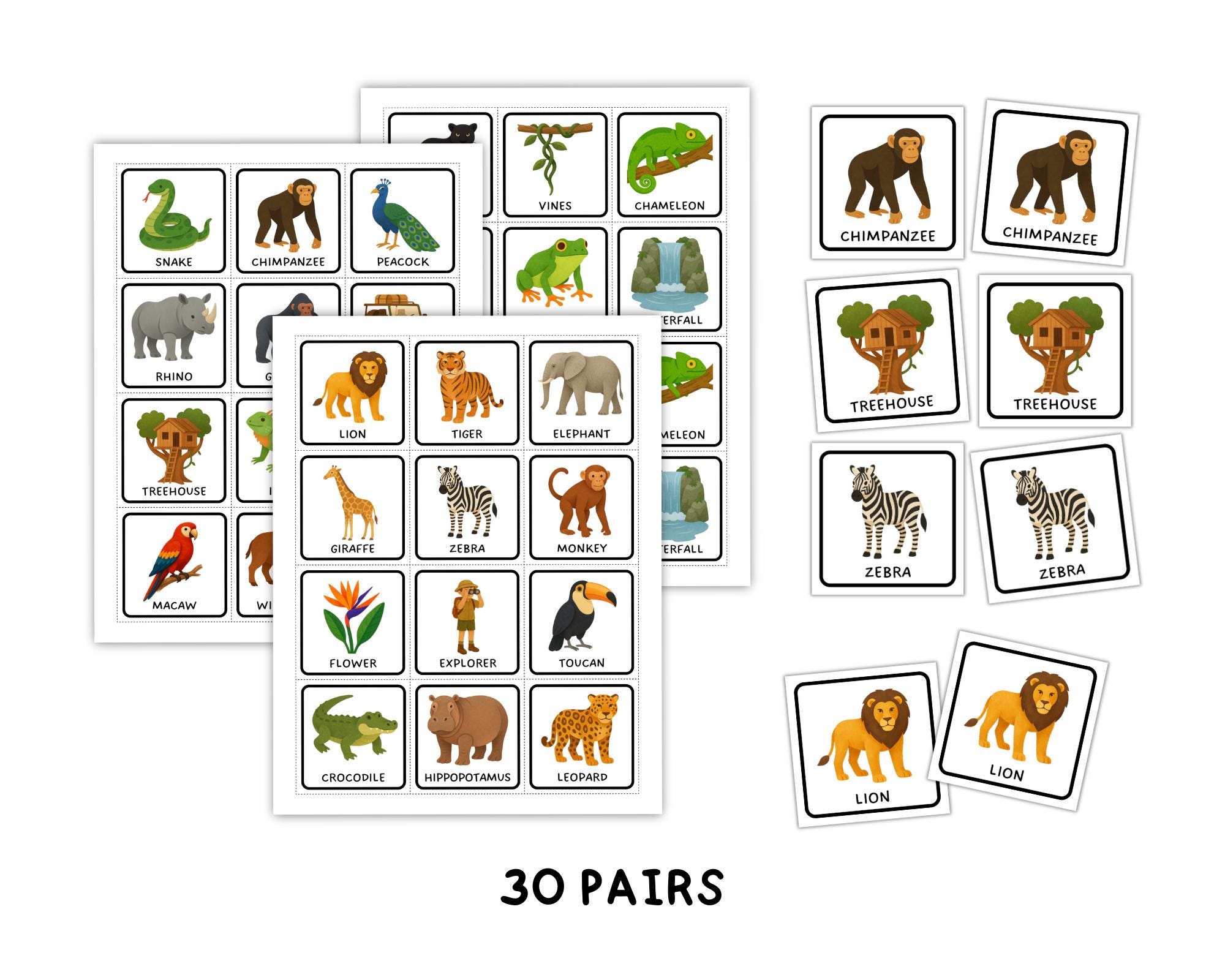Jungle Memory Matching Game Printable, Jungle Animal Cards, Safari ...