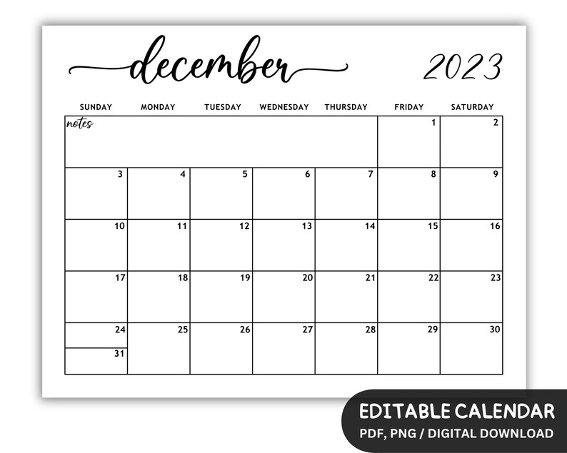 Editable December Calendar 2024, Printable Calendar December 2024