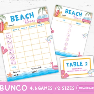 Cartões de pontuação do Beach Bunco para impressão, folha de Bunco de verão, folhas de registro de Bunco, jogo de Bunco, lembrancinhas para jogos de festa temática do Havaí, atividades em sala de aula