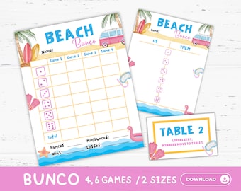 Beach Bunco Score Cards Printable, Summer Bunco Sheet, Bunco Tally Sheets, Bunco Game, Hawaii Theme Party Games Favors, Classroom Activities