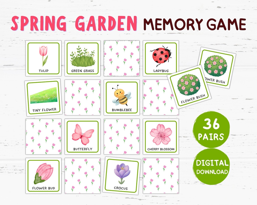 Spring Garden Memory Game Printable, Matching Games, Themed Birthday ...