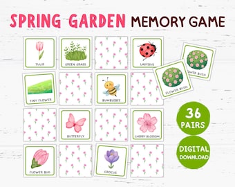 Spring Garden Memory Game Printable, Matching Games, Themed Birthday Party Games, Homeschool Learning Activities for Kids