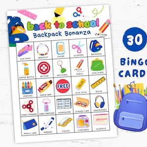 Backpack Bonanza Bingo Printable Game 30 Cards, Fun Back to School Activity for Classroom, Parties, or Homeschool Learning, Party Games