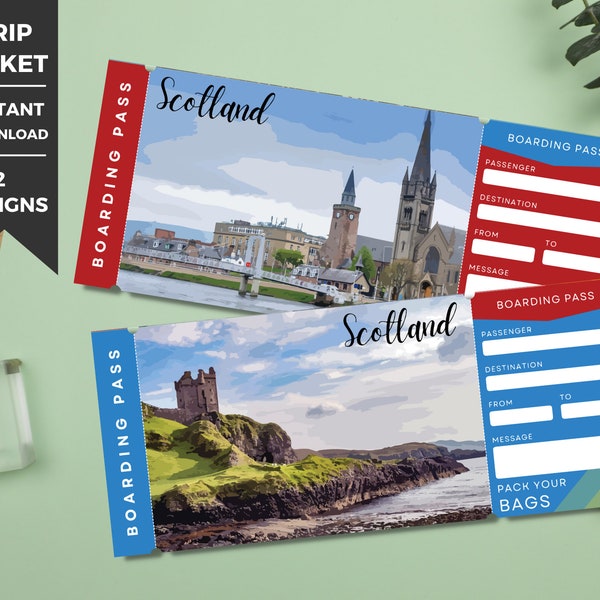 Voyage surprise en Écosse, carte d’embarquement voyage surprise imprimable, modèle de billet d’avion, billet de vacances, billet cadeau Europe