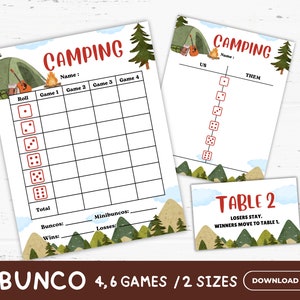 Cartes de pointage Camping Bunco imprimables, Feuilles de pointage de camping, Jeux de camping, Activités de camping, Cadeaux pour soirée à thème camping, Salle de classe de camping