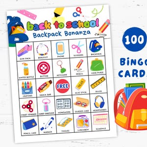 Backpack Bonanza Bingo Printable Game 100 Cards, Fun Back to School Activity for Classroom, Parties, or Homeschool Learning, Party Games