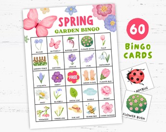 Spring Garden Bingo Game Printable 60 Cards, Spring Theme Party Games, Spring Themed Birthday Party, Homeschool Learning Activities