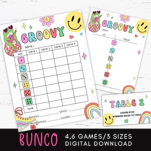 Groovy Back to School Bunco-scorekaarten afdrukbaar, retro jaren 70 bunco-vel, bunco-telkaarten, groovy klaslokaal, themafeestje gunsten gunsten