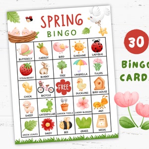 May include: A printable spring bingo card game with 30 cards. The card features images of spring-themed items like a butterfly, carrot, bird, sunshine, ladybug, strawberry, bunny, tree, umbrella, tulips, chick, bicycle, duckling, bird house, sheep, caterpillar, garden tools, cherry blossom, ant, green leaves, daisy, bee, grass, and seeds.